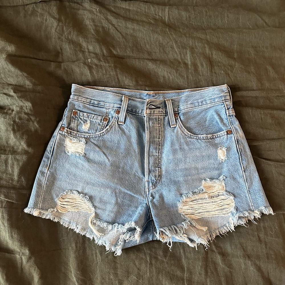 Levi Distressed Light Blue Denim Shorts